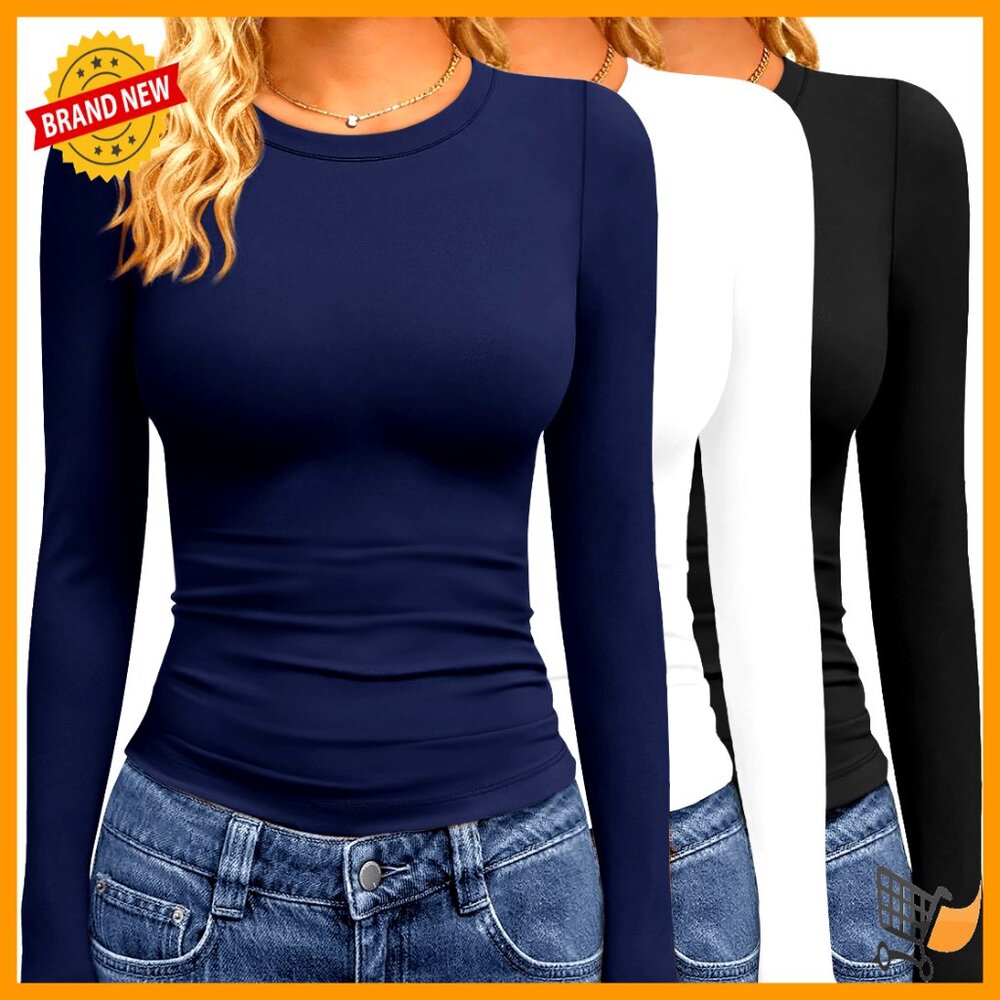 3 Pack Slim Fit Long Sleeve T-Shirts, Stretchy Polyester Spandex, Workout Casual